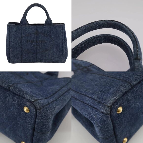 PRADA Canapa PM Hand Bag Denim Blue Gold Auth am7316V - Picture 15 of 15